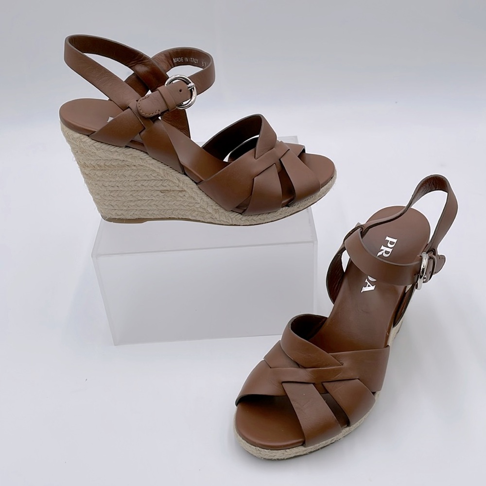 Prada Rony Brown Leather Espadrilles Platform Jute & Rubber‎ Wedge Heel - 37